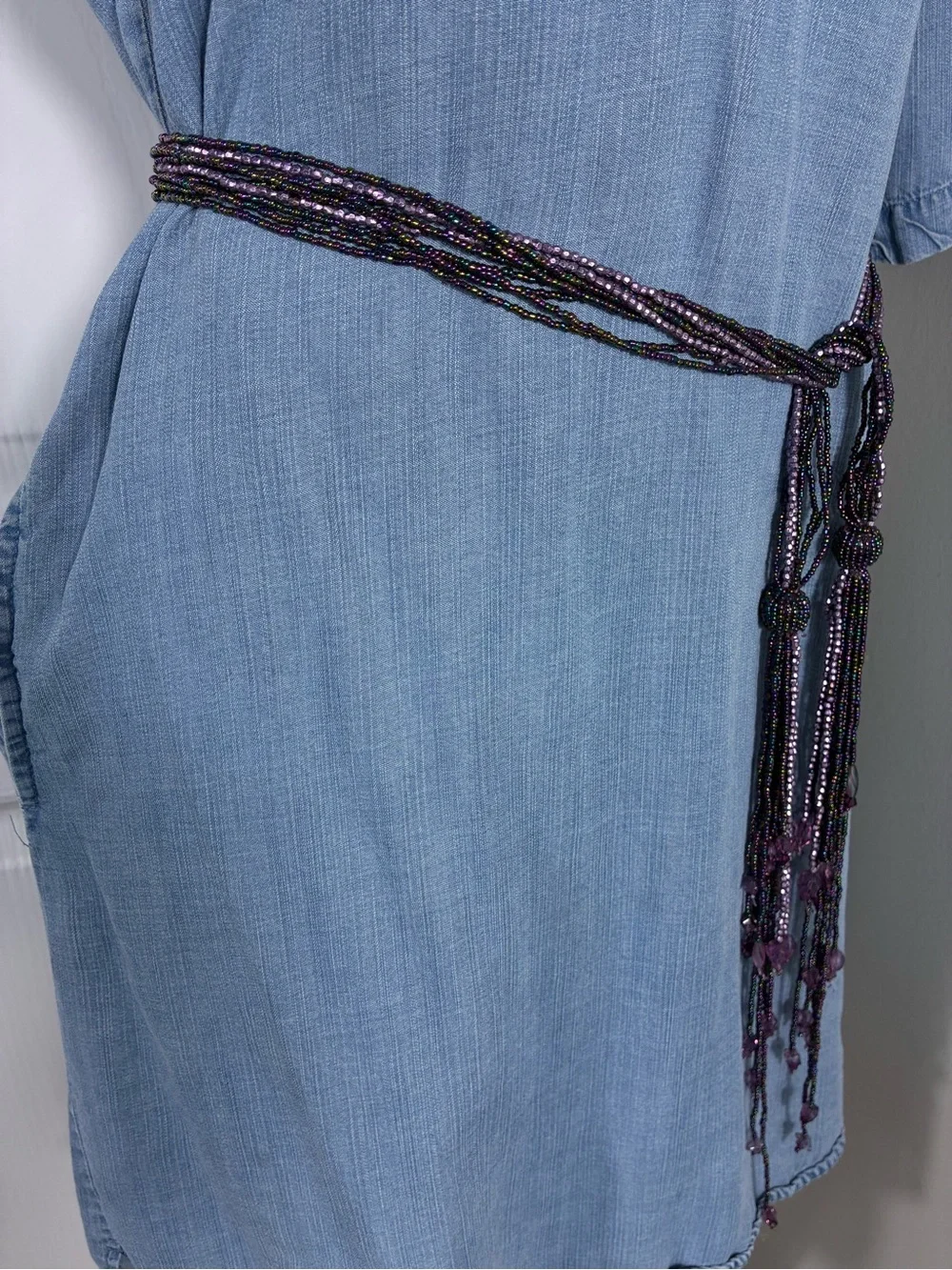 Womens belt beaded 35” plus tassels Purple/black Multi-Strand Waist Belt